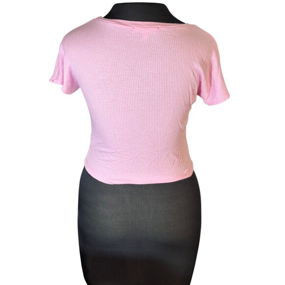 Pink Ribbed Short-Sleeve Cropped T-Shirt by Hashtag - Picture 3 of 8